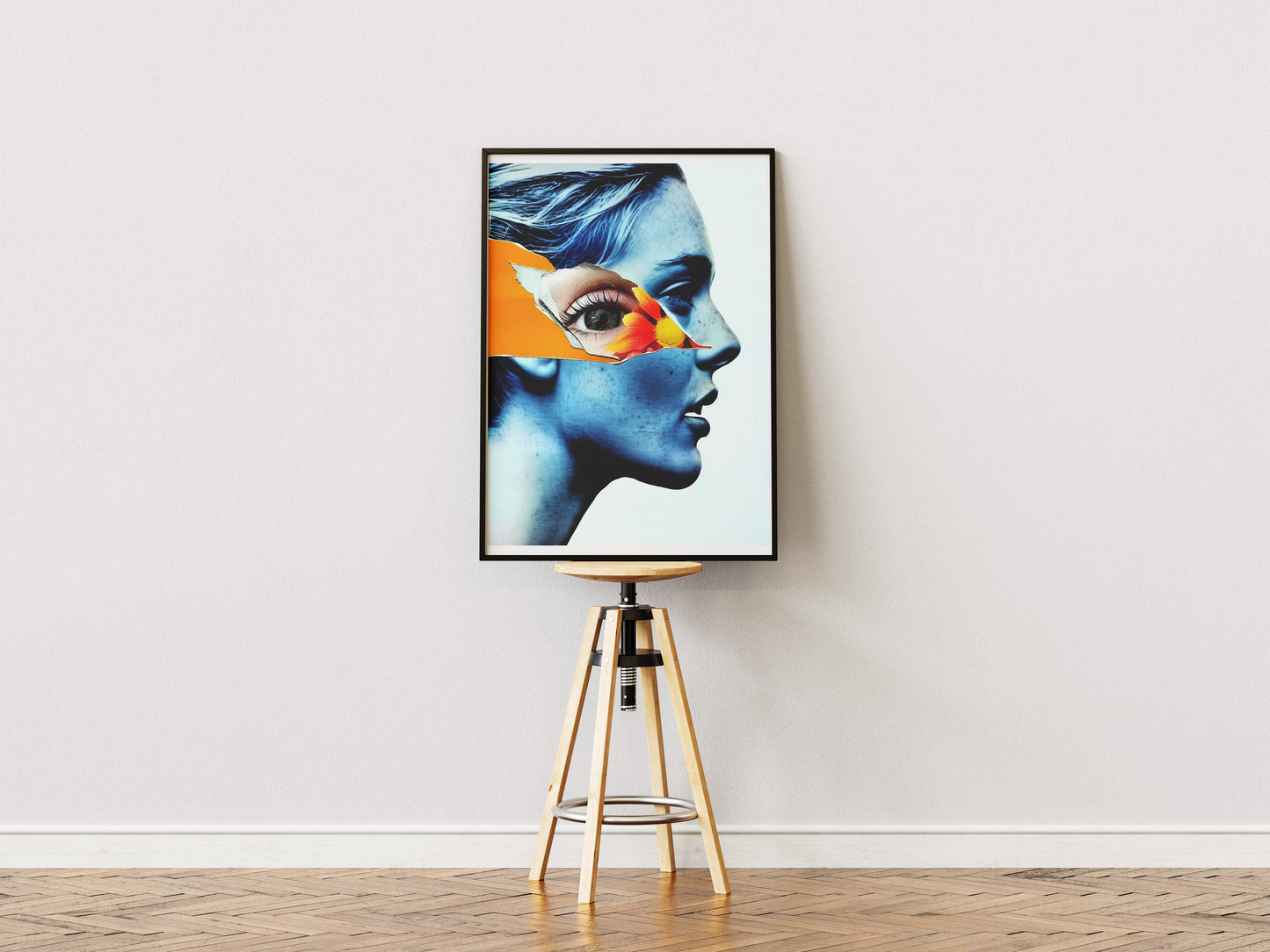 Surreal Blue Woman Portrait Poster | Orange Flower Collage Eye Art Print
