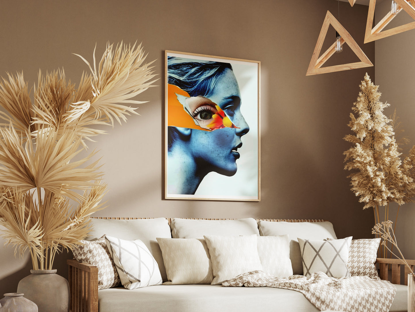 Surreal Blue Woman Portrait Poster | Orange Flower Collage Eye Art Print
