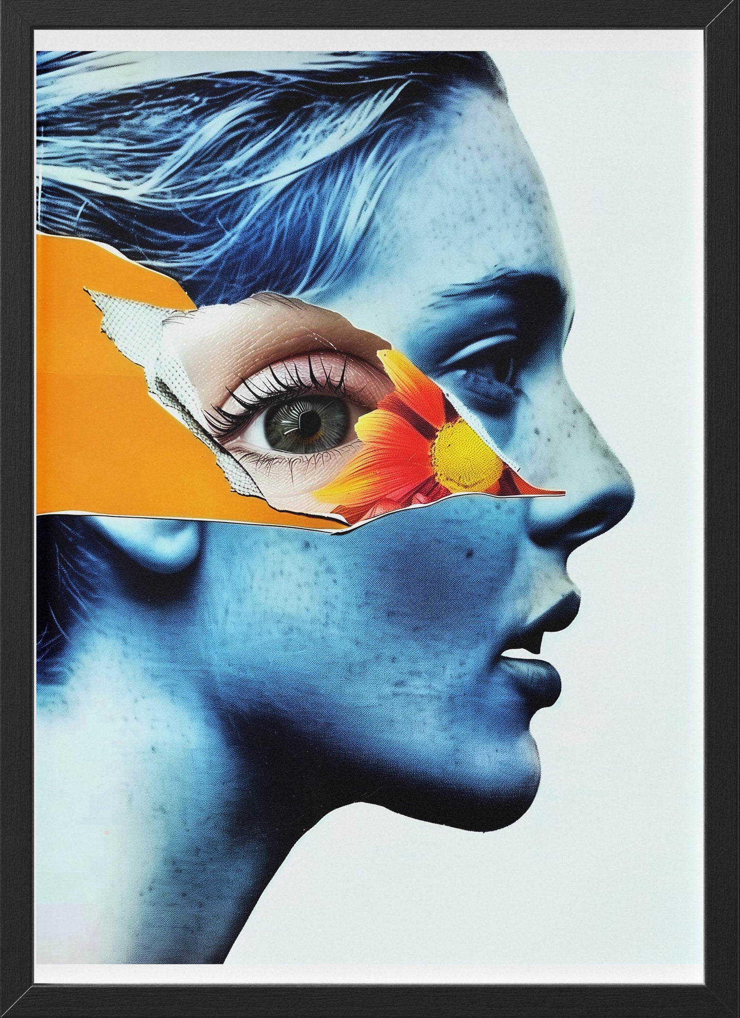 Surreal Blue Woman Portrait Poster | Orange Flower Collage Eye Art Print