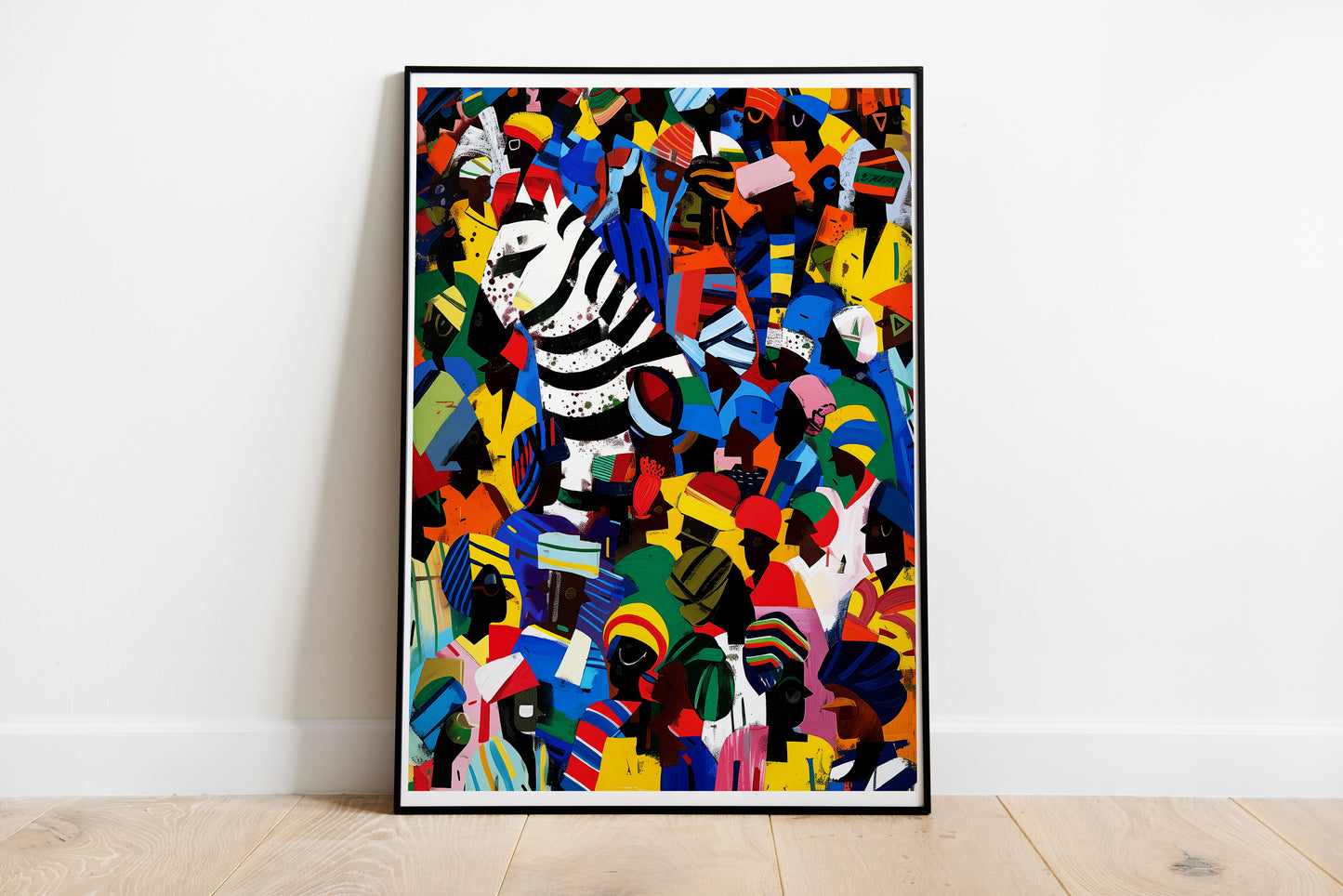 Zebra in the Crowd Poster | Vibrant African Art with Carnival Energy