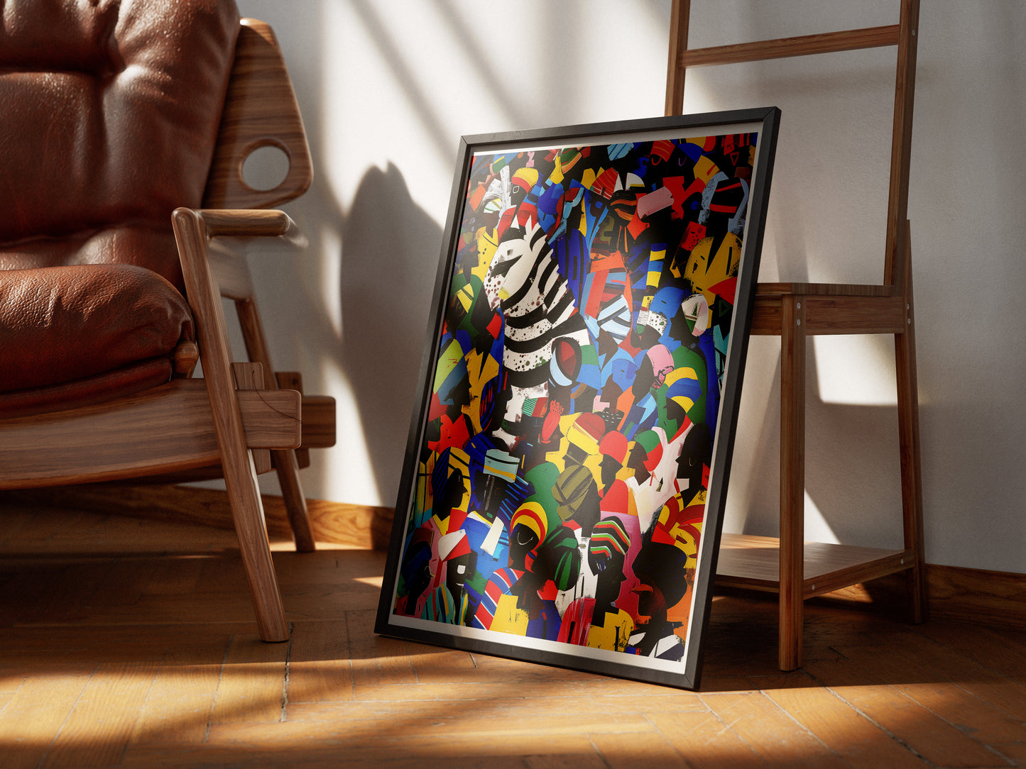 Zebra in the Crowd Poster | Vibrant African Art with Carnival Energy
