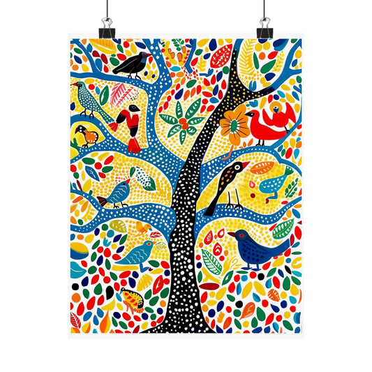 Gond Folk Art Poster | Colorful Tree with Birds and Flowers Print
