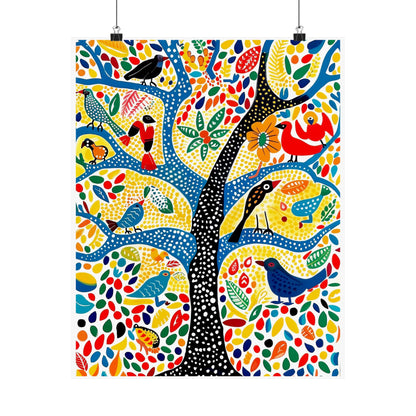 Gond Folk Art Poster | Colorful Tree with Birds and Flowers Print
