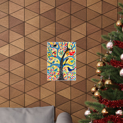 Gond Folk Art Poster | Colorful Tree with Birds and Flowers Print