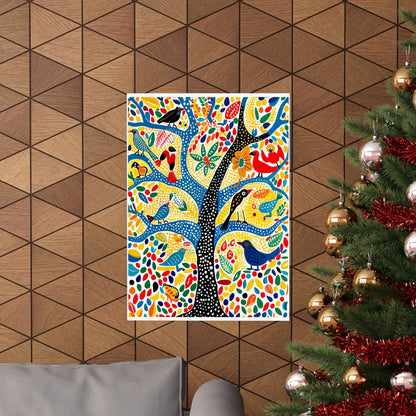 Gond Folk Art Poster | Colorful Tree with Birds and Flowers Print