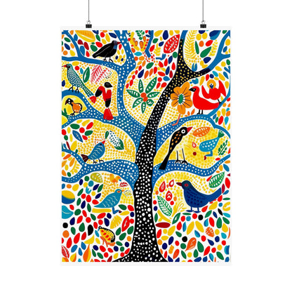 Gond Folk Art Poster | Colorful Tree with Birds and Flowers Print