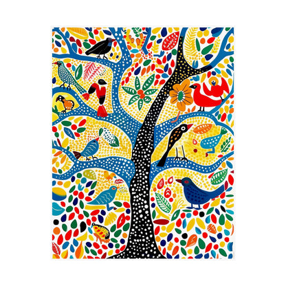 Gond Folk Art Poster | Colorful Tree with Birds and Flowers Print