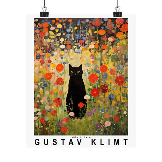 Gustav Klimt Garden Cat Poster | Black Cat Floral Art Print
