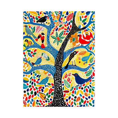 Gond Folk Art Poster | Colorful Tree with Birds and Flowers Print