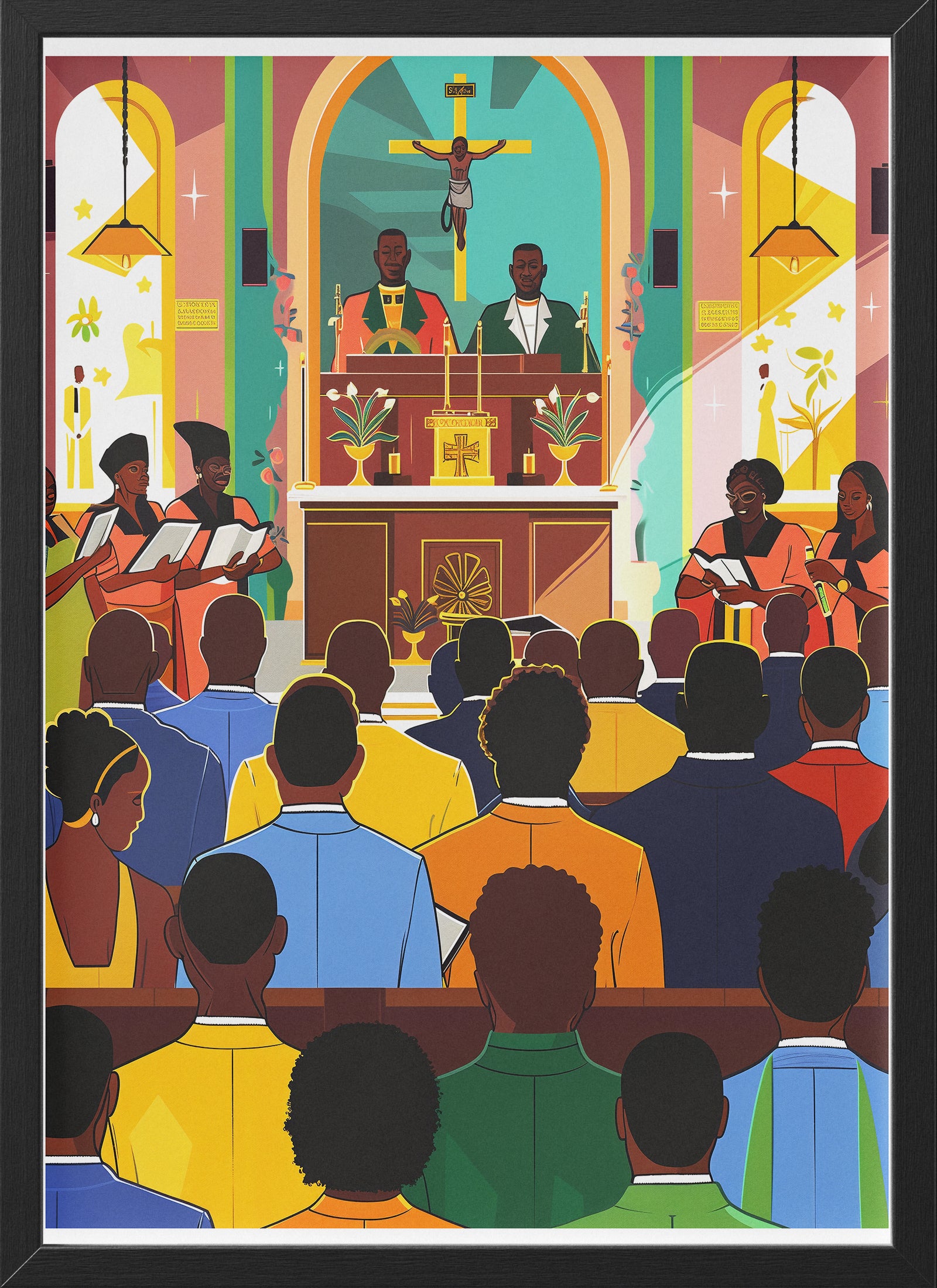 African American Church Poster | Colorful Gospel Choir & Worship Scene Wall Art