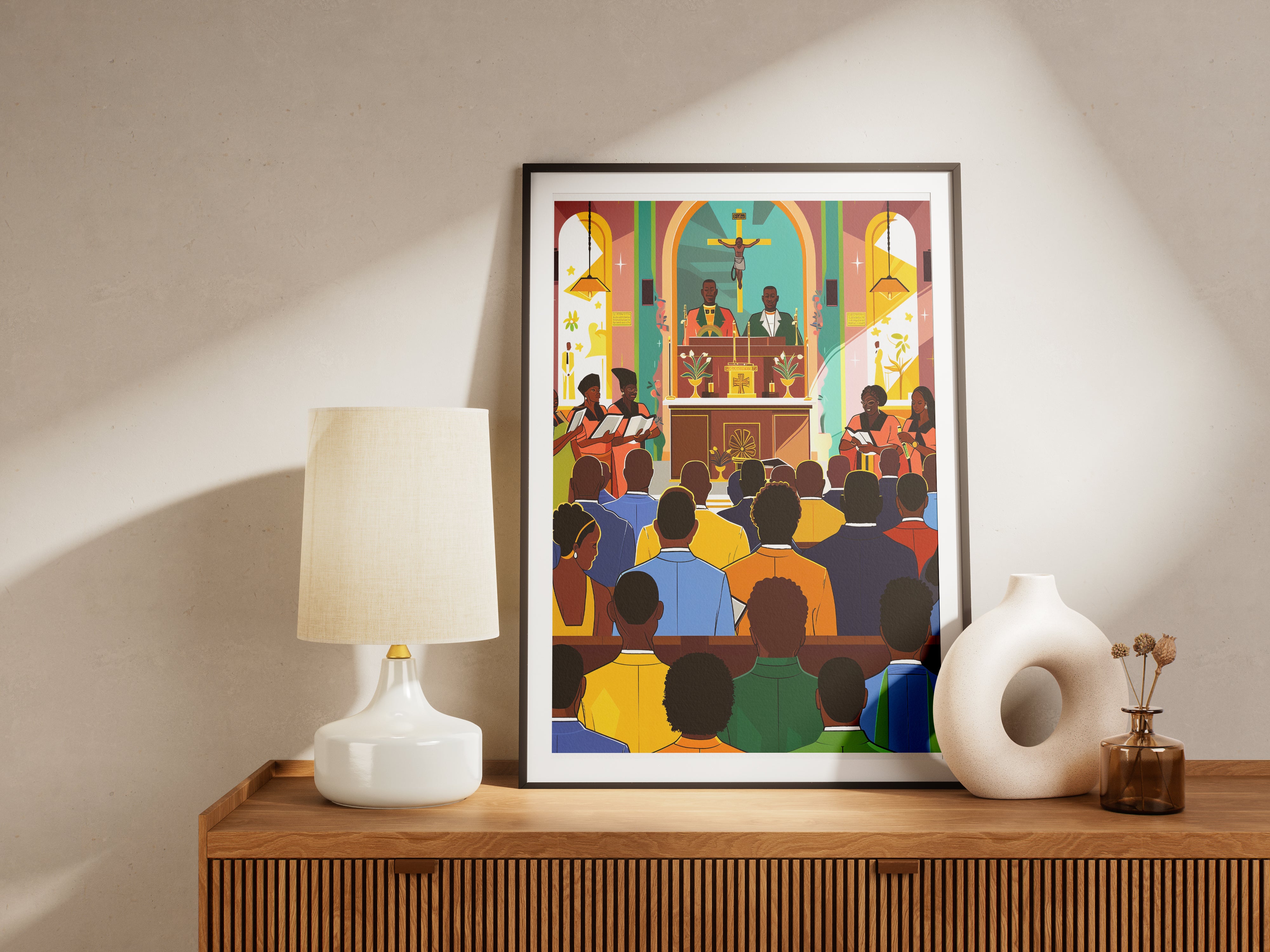 African American Church Poster | Colorful Gospel Choir & Worship Scene Wall Art