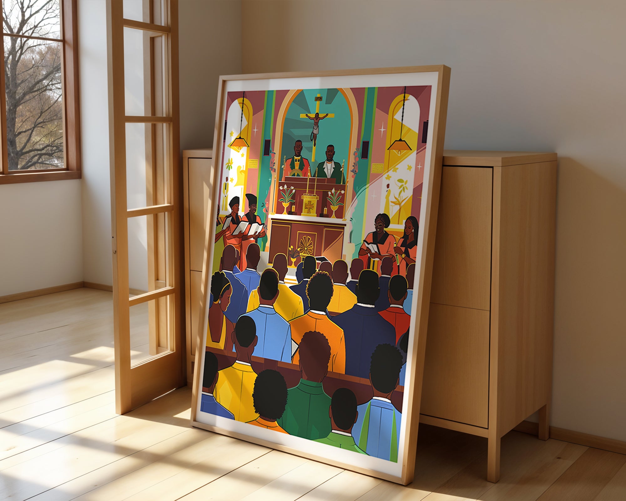 African American Church Poster | Colorful Gospel Choir & Worship Scene Wall Art