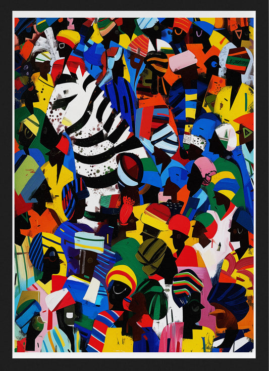 Zebra in the Crowd Poster | Vibrant African Art with Carnival Energy