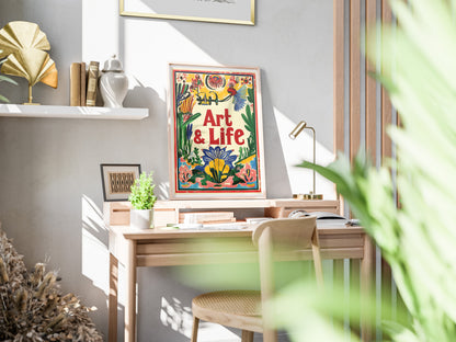 Art and Life Folk Art Poster | Colorful Retro Typography Wall Print for Creative Spaces