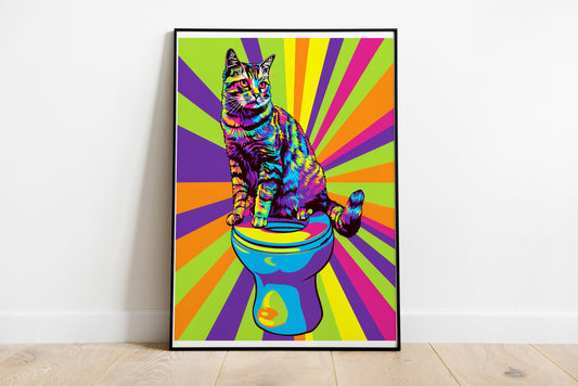 Retro Cat Poster | Colorful Funny Bathroom Wall Art for Cat Lovers