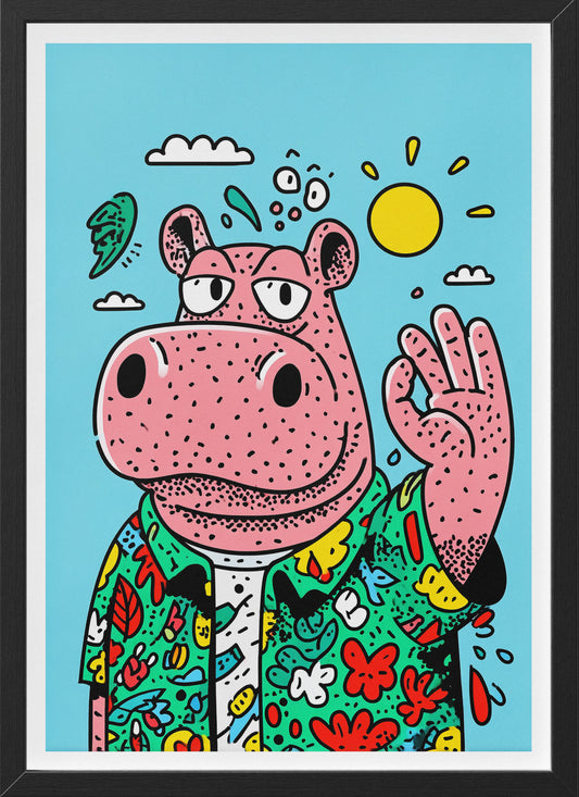 Hippo Vibes Poster | Cartoon Animal Wall Art