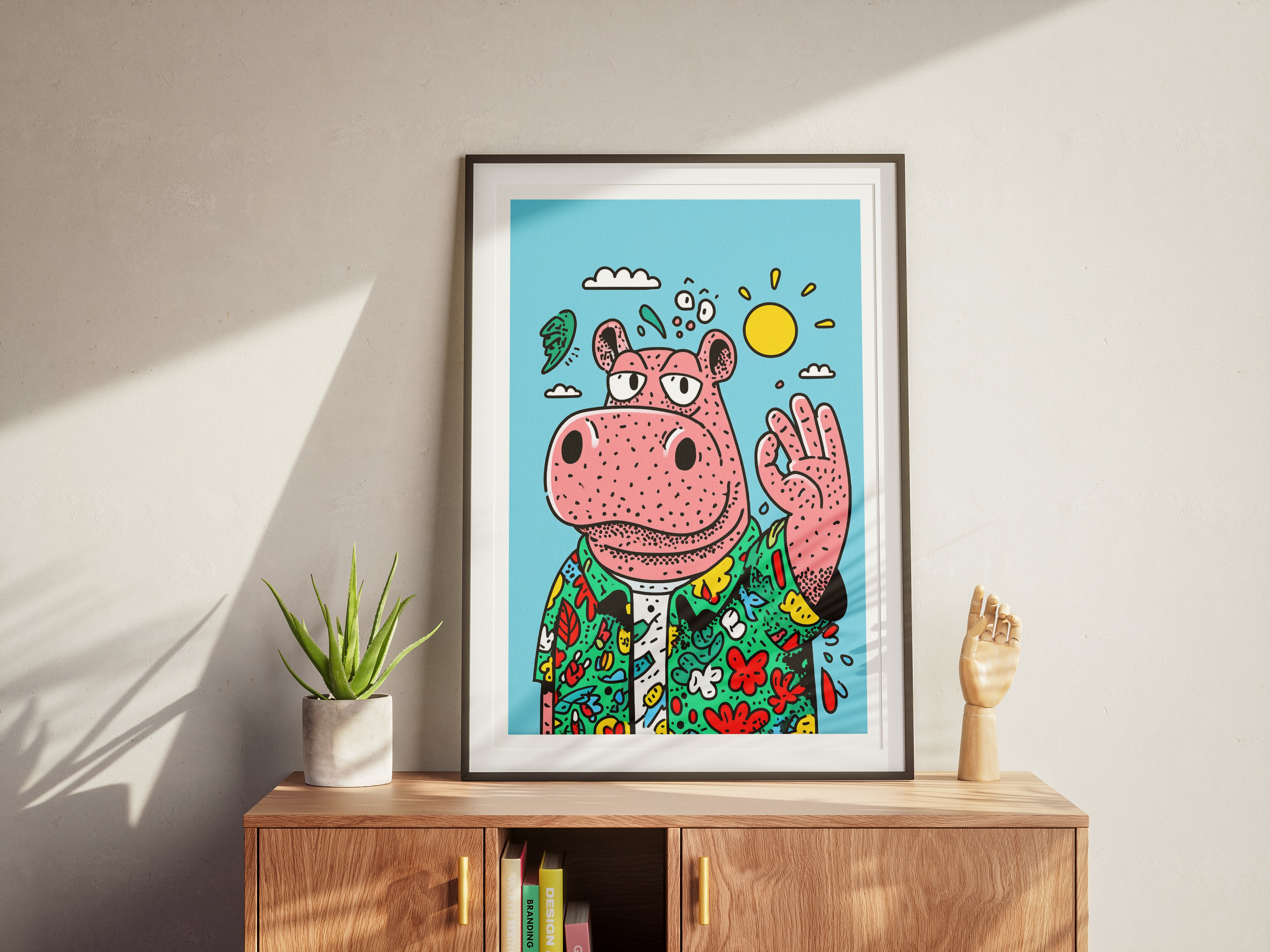 Hippo Vibes Poster | Cartoon Animal Wall Art