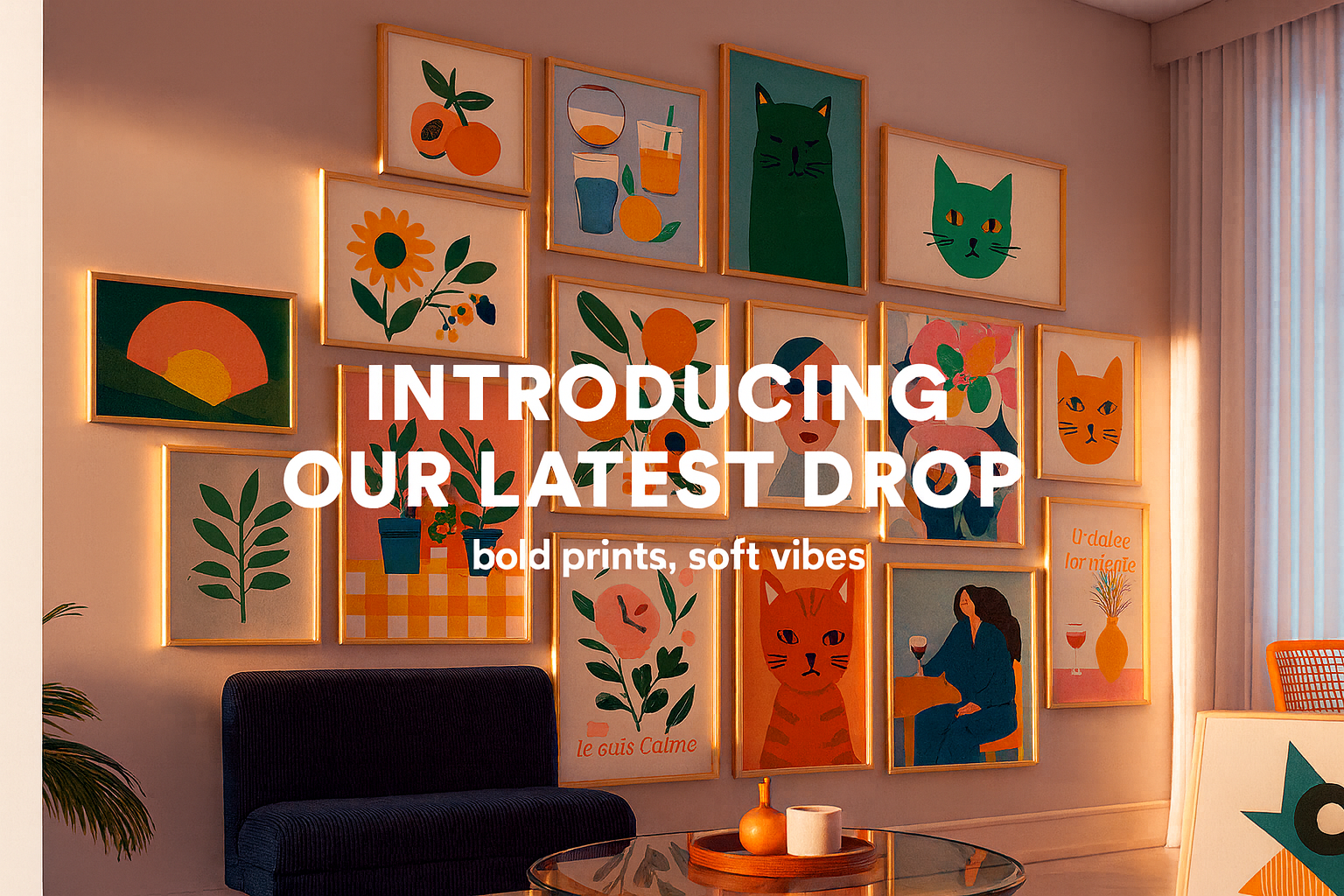 Wall with colorful art prints in a living room setting, introducing 'Our Latest Drop' with text overlay.