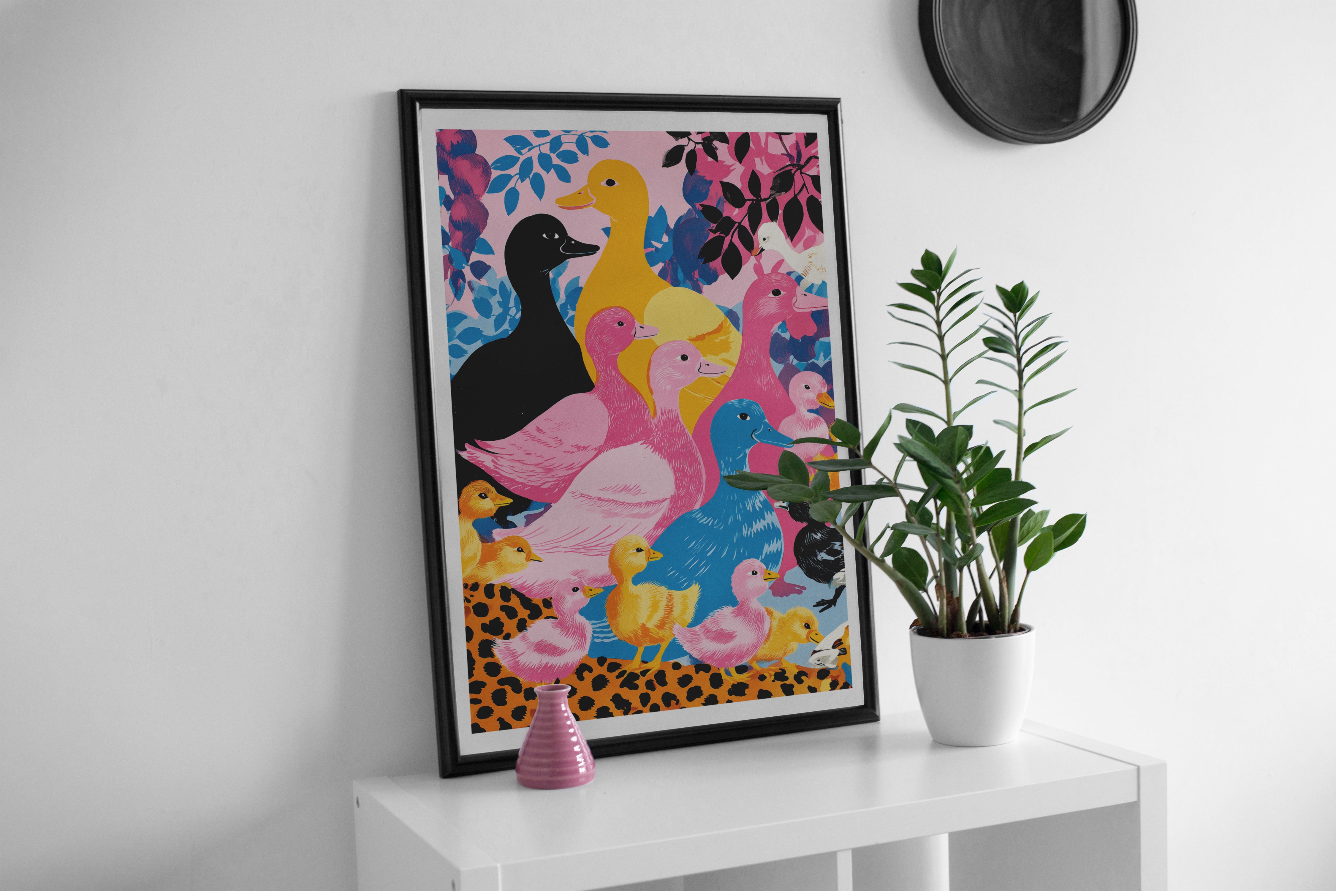 Colorful Duck Parade Poster | Whimsical Animal Art Print