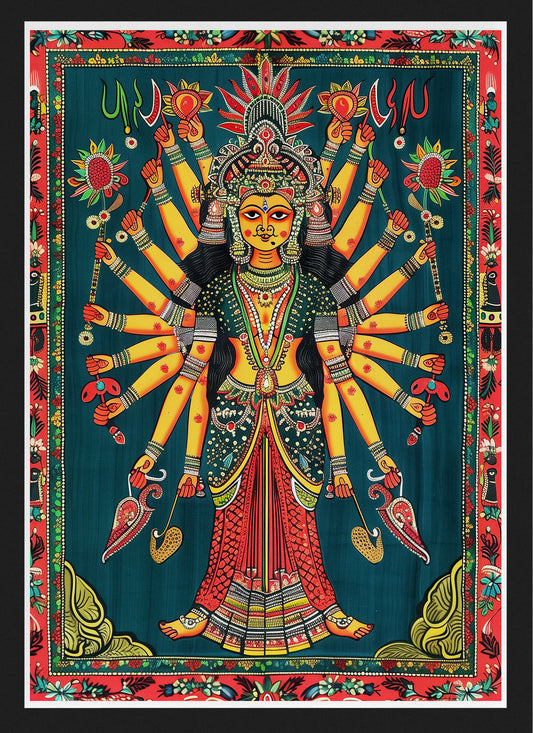 Goddess Durga Wall Art | Traditional Indian Folk Poster with Vibrant Spiritual Detail