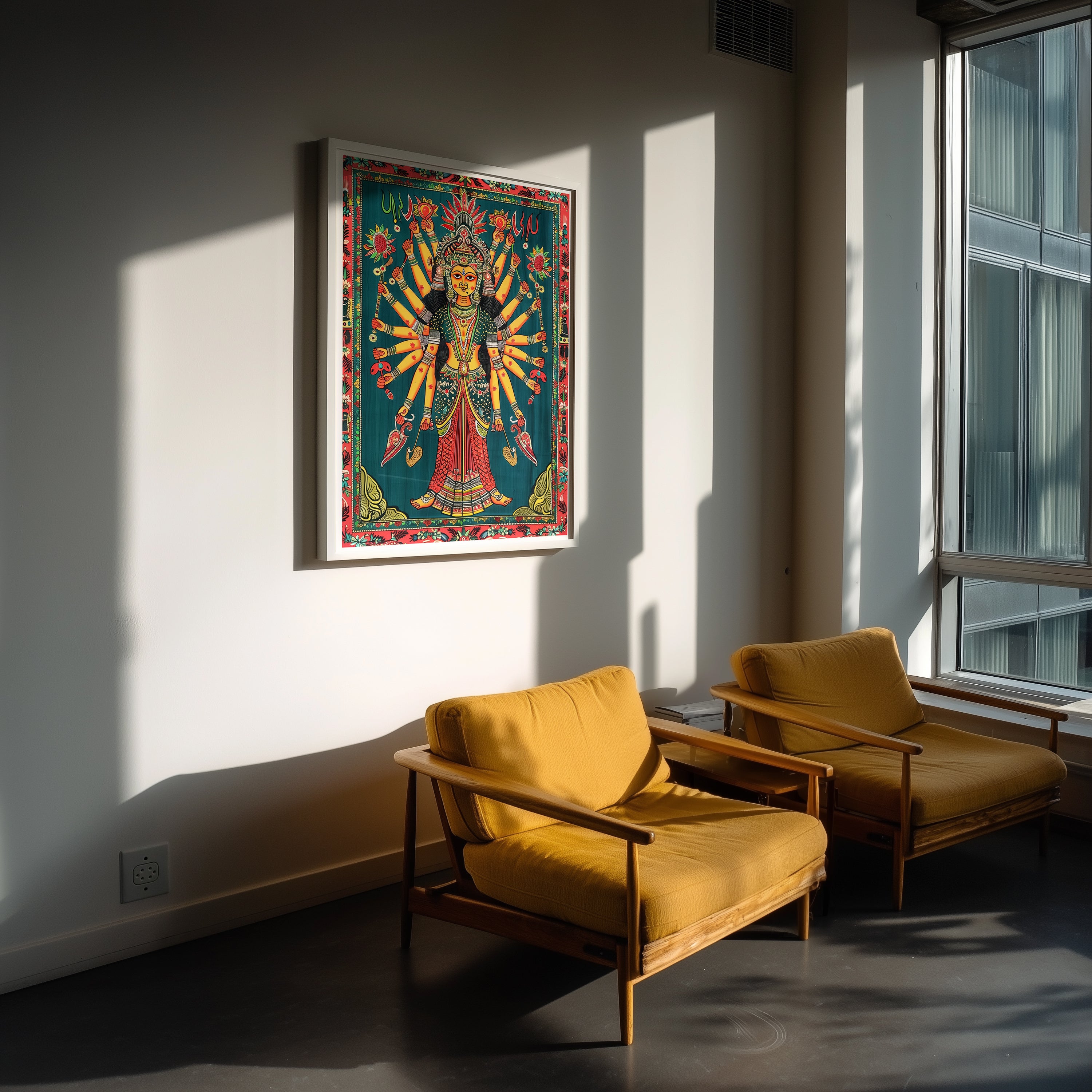 Goddess Durga Wall Art | Traditional Indian Folk Poster with Vibrant Spiritual Detail