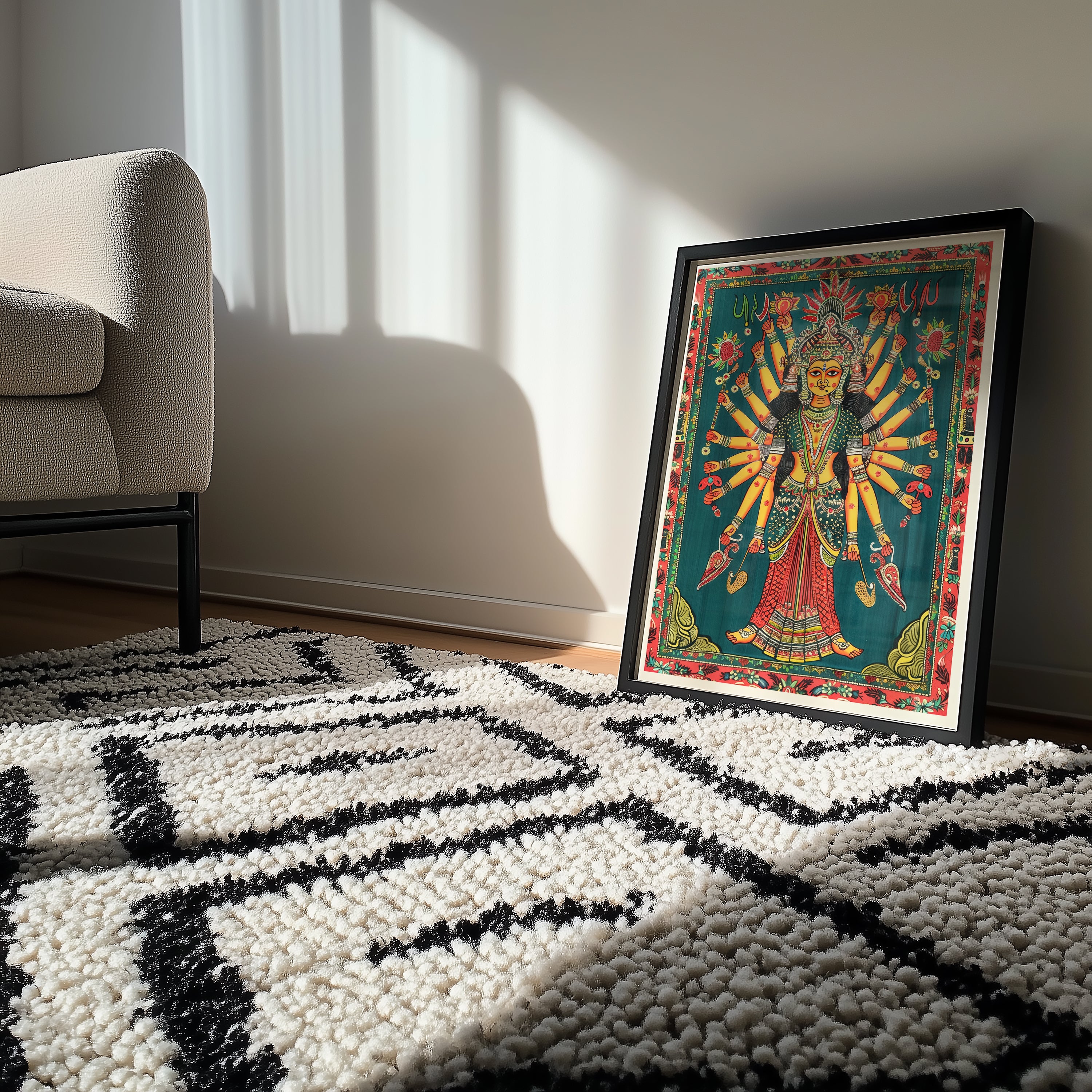 Goddess Durga Wall Art | Traditional Indian Folk Poster with Vibrant Spiritual Detail