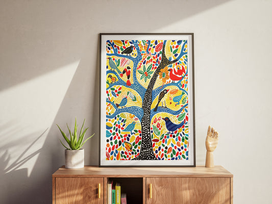 Gond Folk Art Poster | Colorful Tree with Birds and Flowers Print