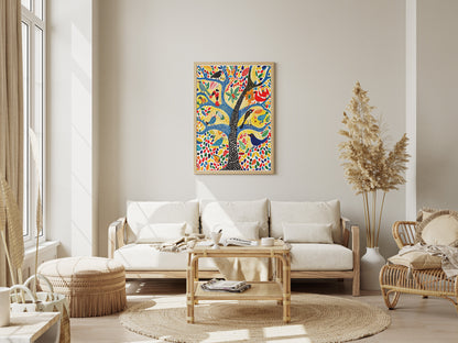 Gond Folk Art Poster | Colorful Tree with Birds and Flowers Print