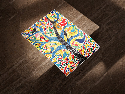 Gond Folk Art Poster | Colorful Tree with Birds and Flowers Print
