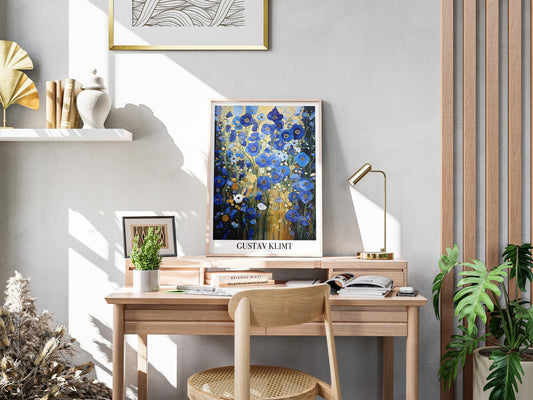 Gustav Klimt Blue Flower Poster | Botanical Wall Art Print