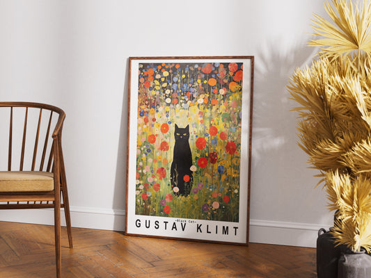 Gustav Klimt Garden Cat Poster | Black Cat Floral Art Print
