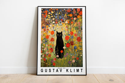 Gustav Klimt Garden Cat Poster | Black Cat Floral Art Print