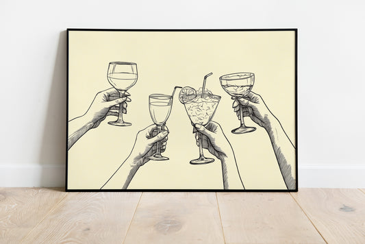 Minimalist Cheers Poster | Hand Drawn Cocktail & Wine Line Art