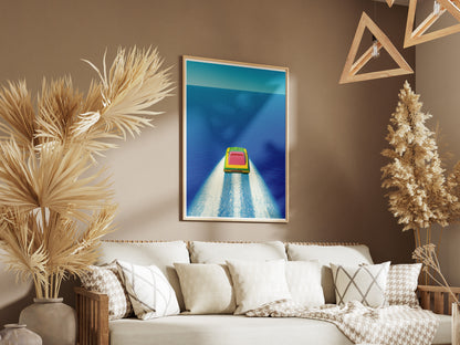 Minimalist Speedboat Poster | Isometric Ocean Illustration Wall Art
