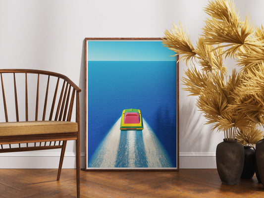 Minimalist Speedboat Poster | Isometric Ocean Illustration Wall Art