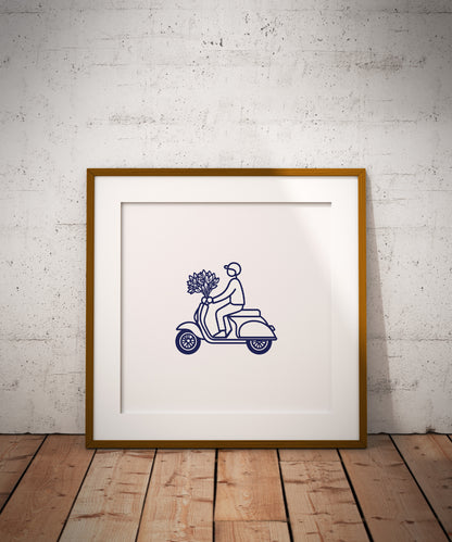 Minimalist Vespa Line Art Poster | Scooter with Flowers Wall Decor