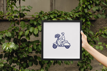 Minimalist Vespa Line Art Poster | Scooter with Flowers Wall Decor