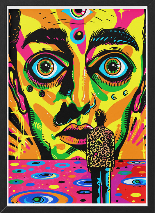 Psychedelic Pop Art Poster | Trippy Face Print with Leopard Coat Figure