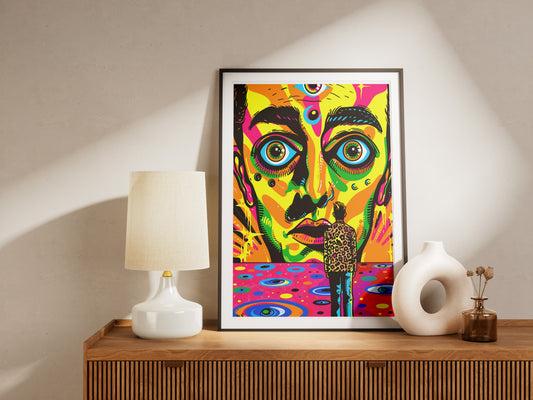 Psychedelic Pop Art Poster | Trippy Face Print with Leopard Coat Figure