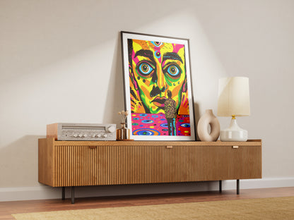Psychedelic Pop Art Poster | Trippy Face Print with Leopard Coat Figure