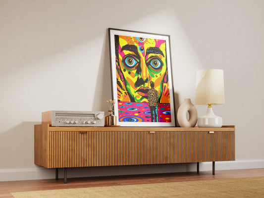 Psychedelic Pop Art Poster | Trippy Face Print with Leopard Coat Figure