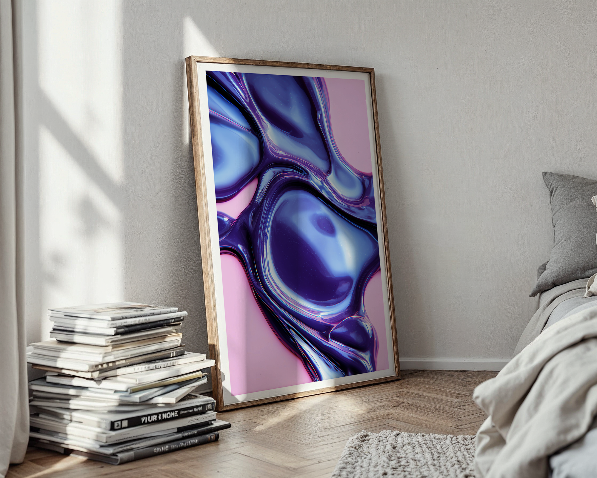 Liquid Gloss Abstract Poster | Iridescent Blue and Pink Modern Art Print