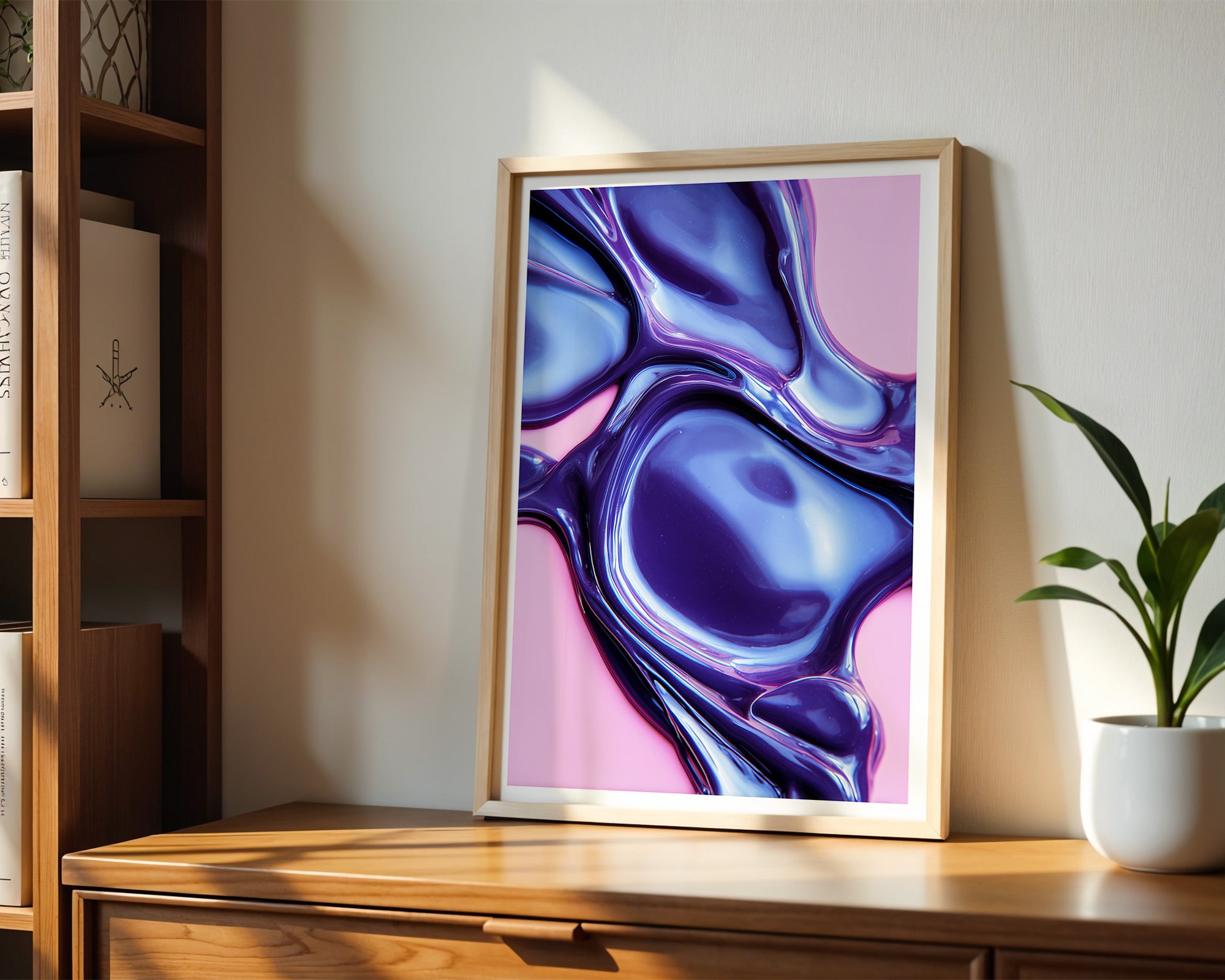 Liquid Gloss Abstract Poster | Iridescent Blue and Pink Modern Art Print