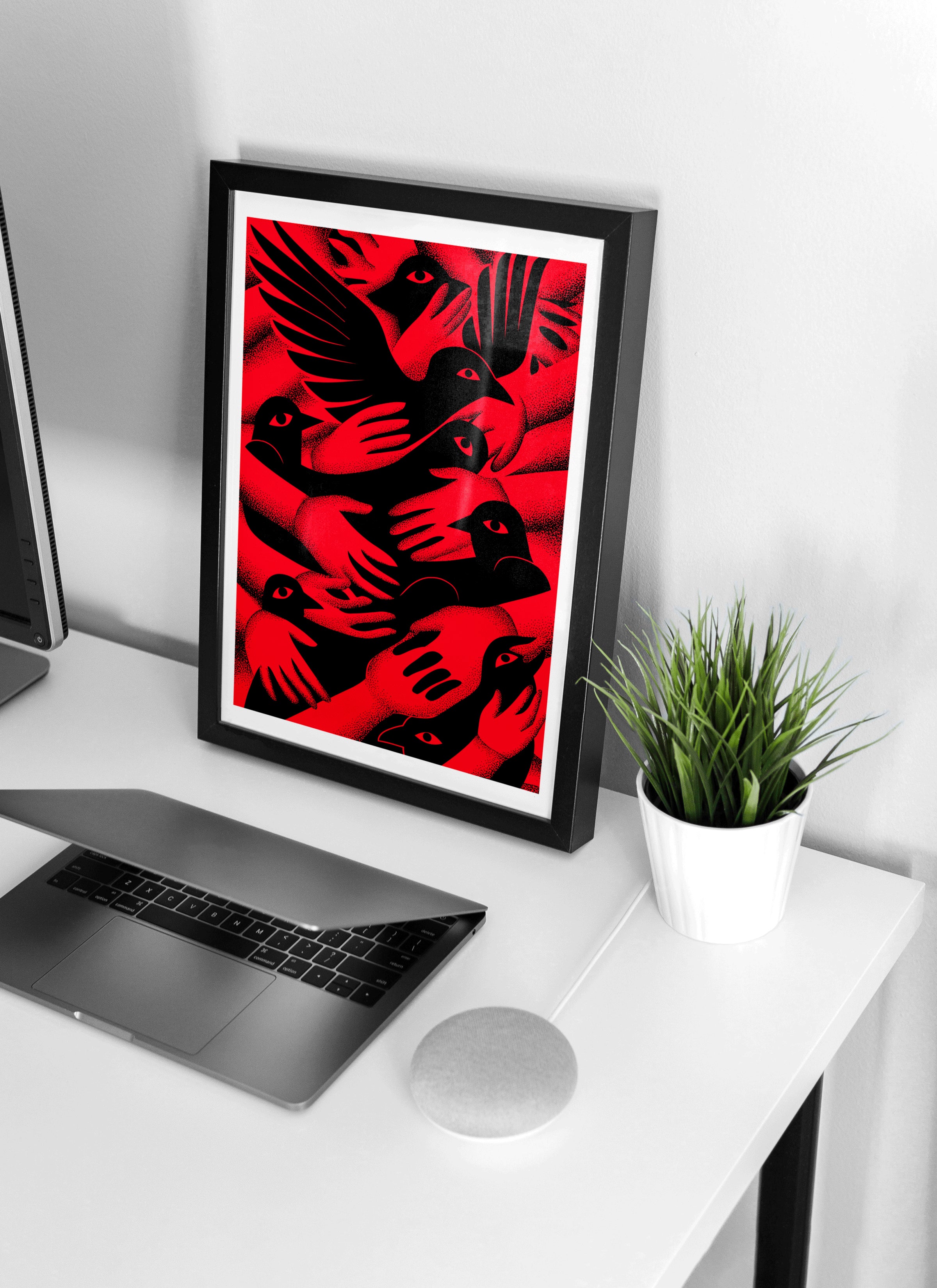 Bold Red and Black Minimalist Poster | Graphic Bird and Hand Modern Statement Art