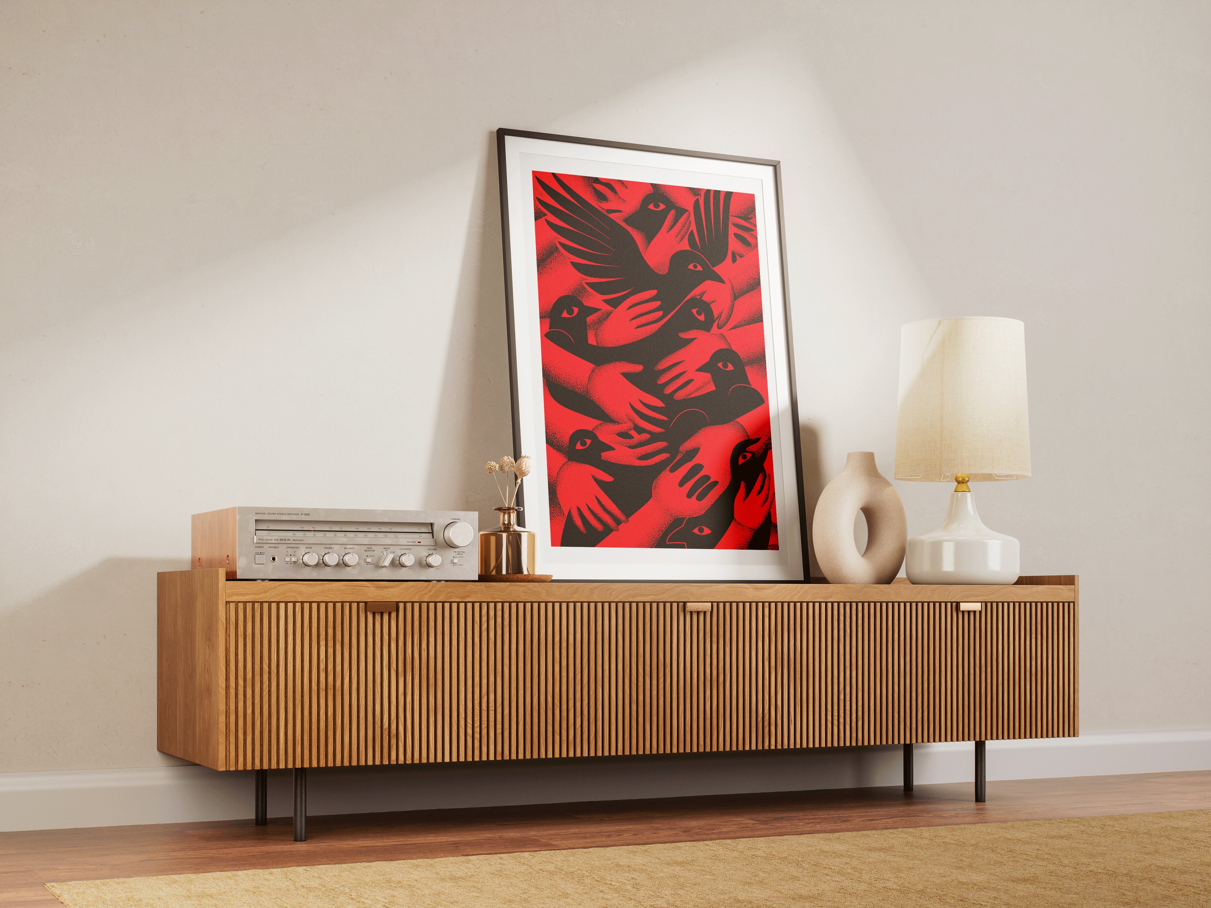 Bold Red and Black Minimalist Poster | Graphic Bird and Hand Modern Statement Art