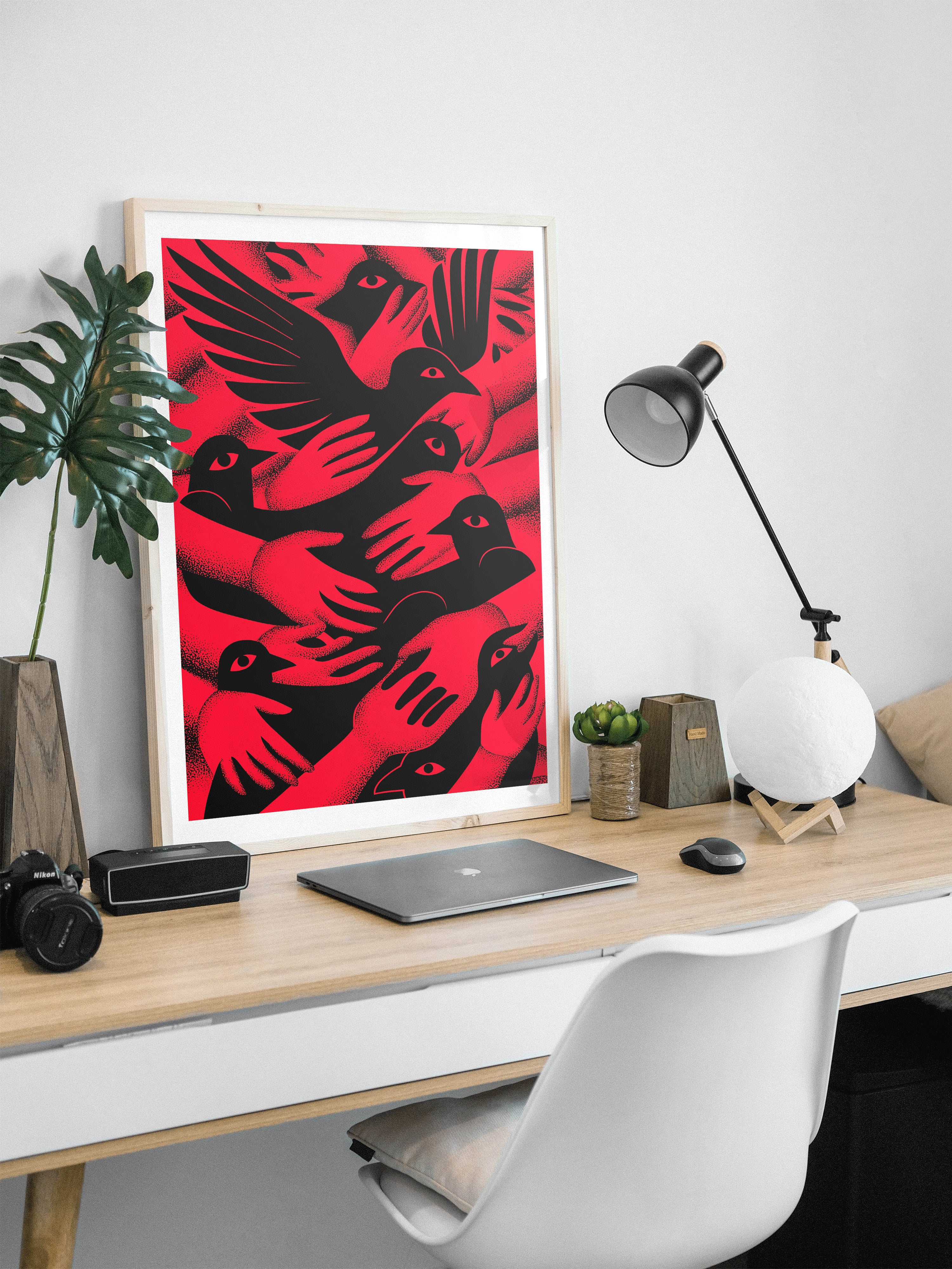 Bold Red and Black Minimalist Poster | Graphic Bird and Hand Modern Statement Art