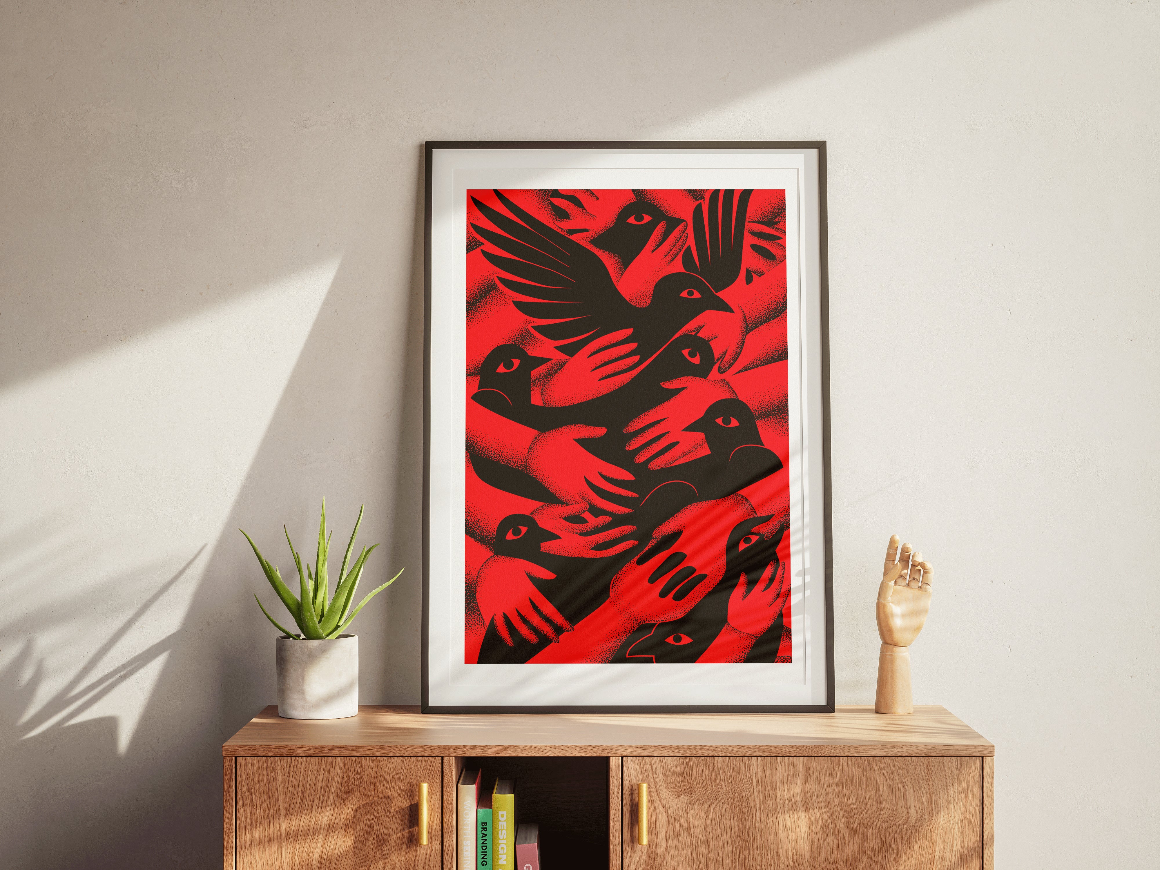 Bold Red and Black Minimalist Poster | Graphic Bird and Hand Modern Statement Art