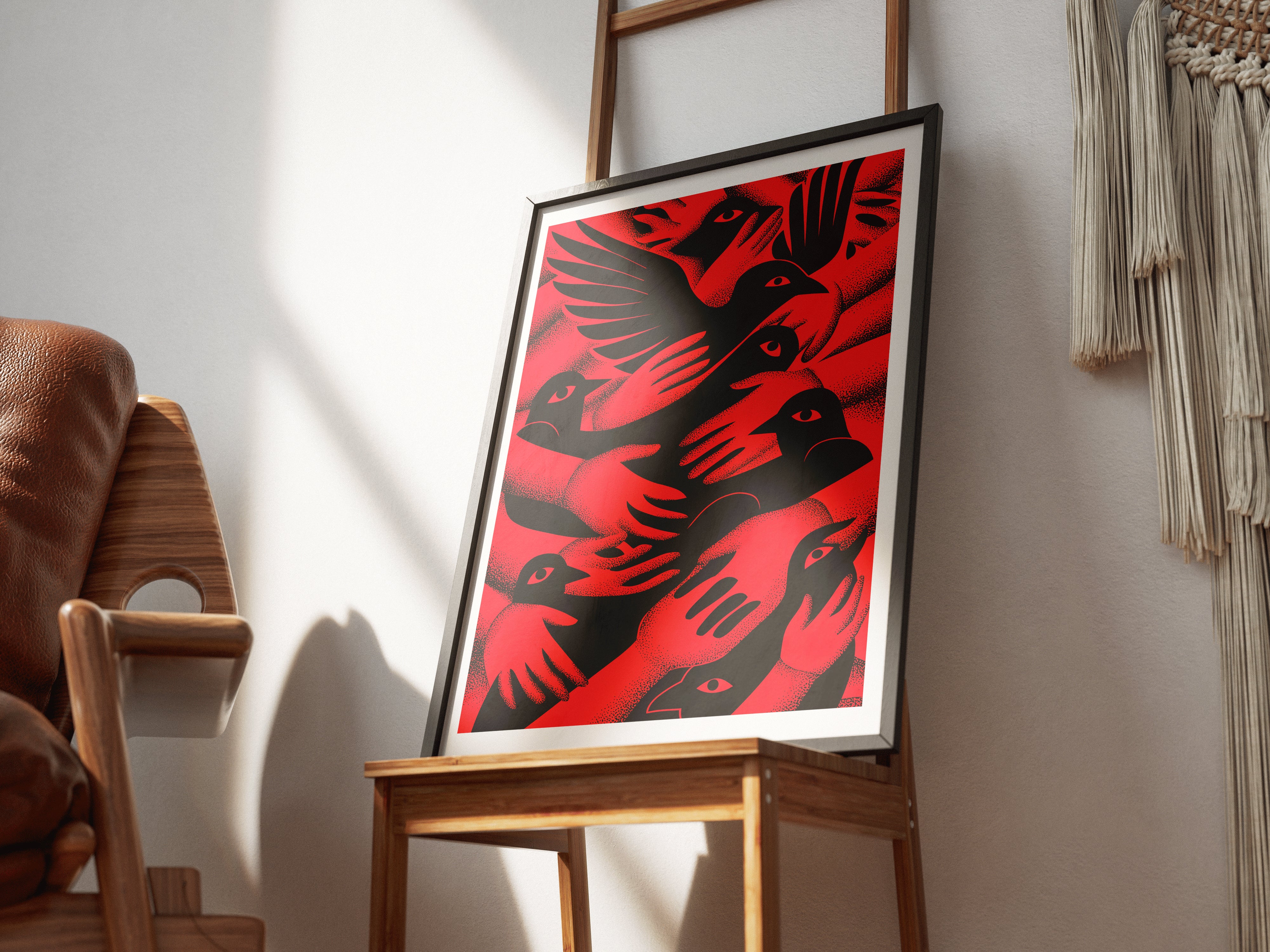 Bold Red and Black Minimalist Poster | Graphic Bird and Hand Modern Statement Art