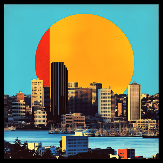 Seattle Skyline Poster | Retro Sun Collage Wall Art
