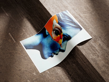 Surreal Blue Woman Portrait Poster | Orange Flower Collage Eye Art Print